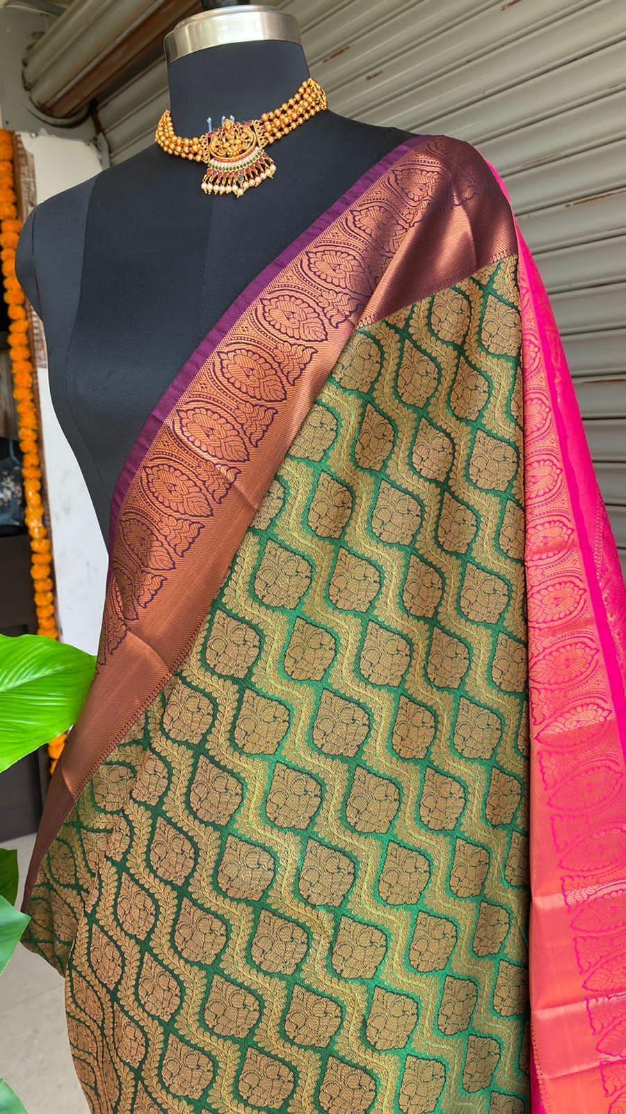 Banarasi  green and pink silk saree with blouse