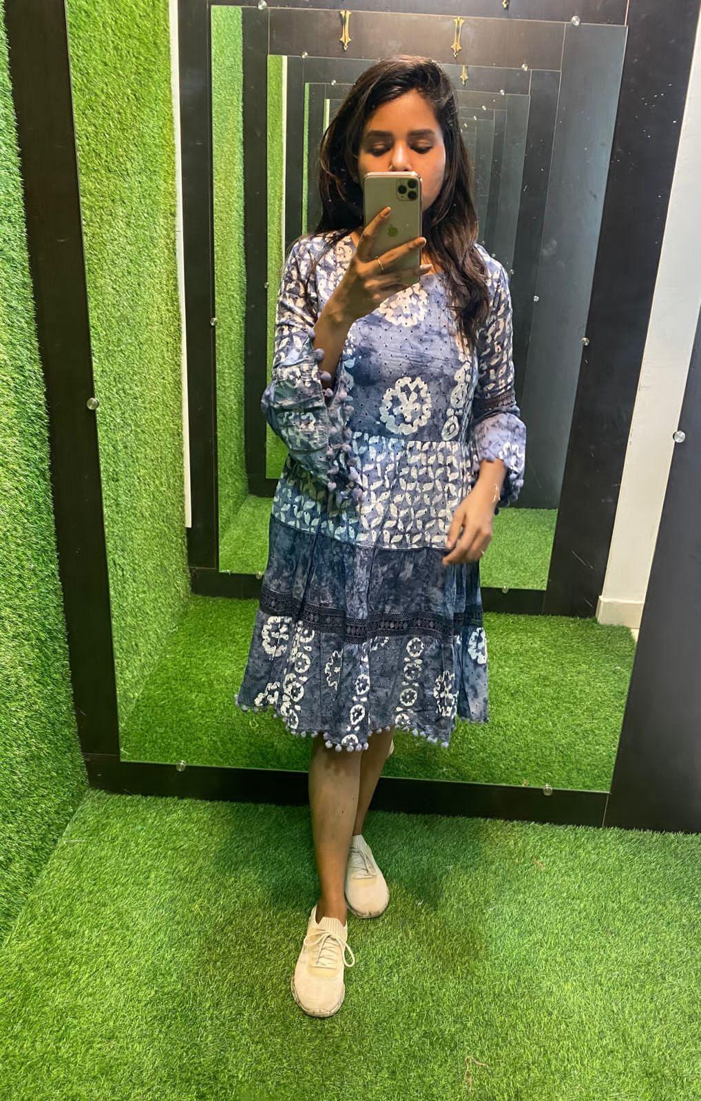 White and grey Cotton printed embroidery short kurti top - Threads