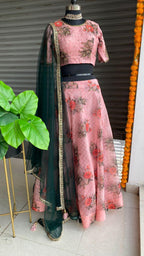 Peach Floral organza embroidery hand worked lehenga - Threads