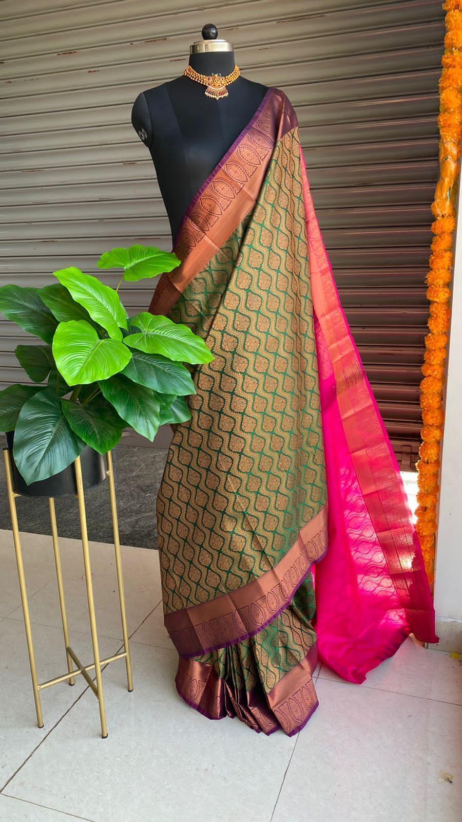 Banarasi  green and pink silk saree with blouse