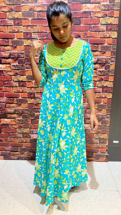 Green yellow floral printed cotton kurti top - Threads