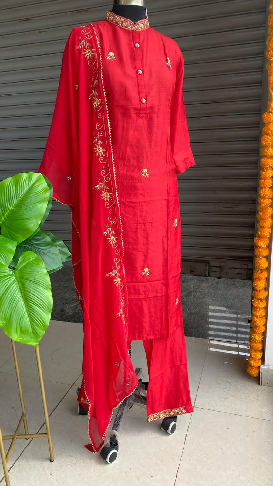 Party Wear Embroidery Work Red Color Kurti Set – bollywoodlehenga