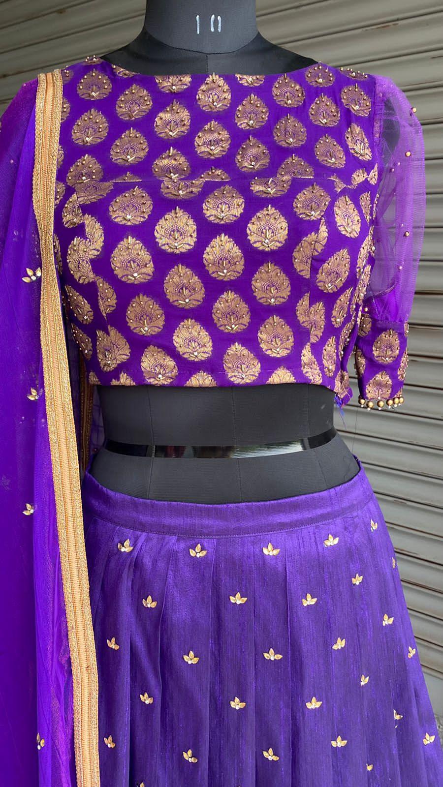 Purple silk embroidery hand worked lehenga - Threads