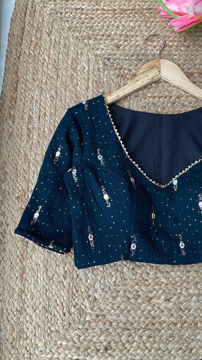 Dark Blue Georgette embroidery hand worked blouse - Threads