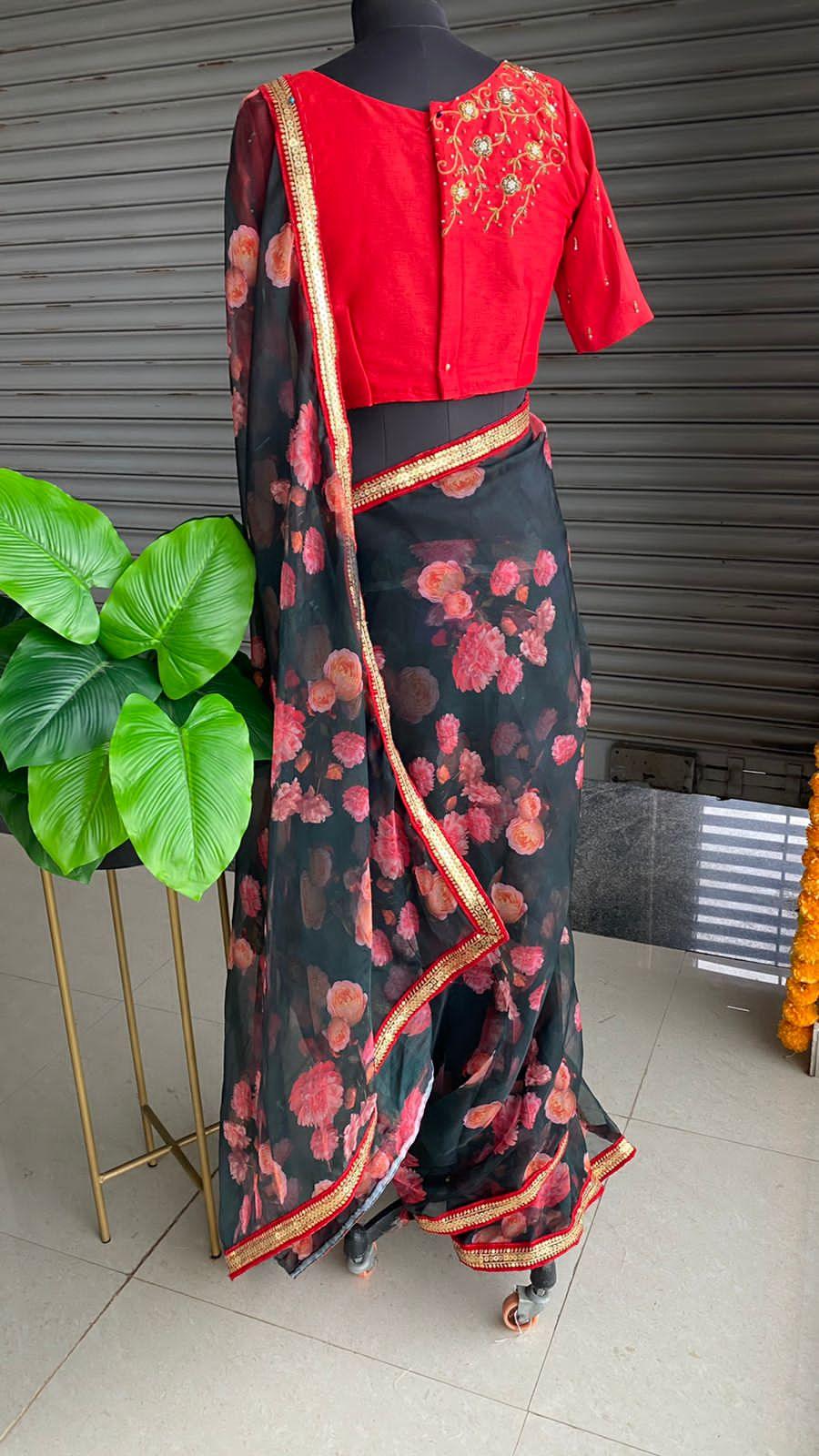 Deep blue floral soft organza saree with hand worked blouse - Threads