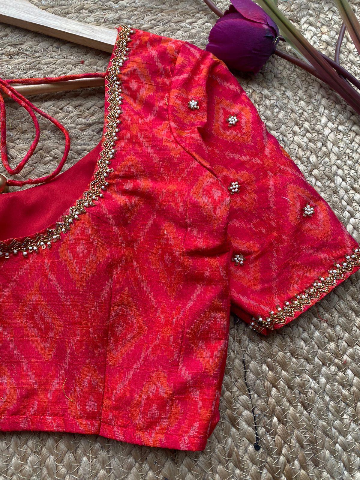 Tomato red ikkat hand worked blouse - Threads