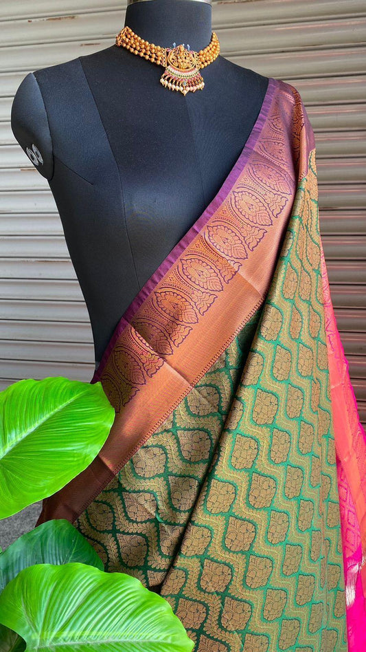 Banarasi  green and pink silk saree with blouse