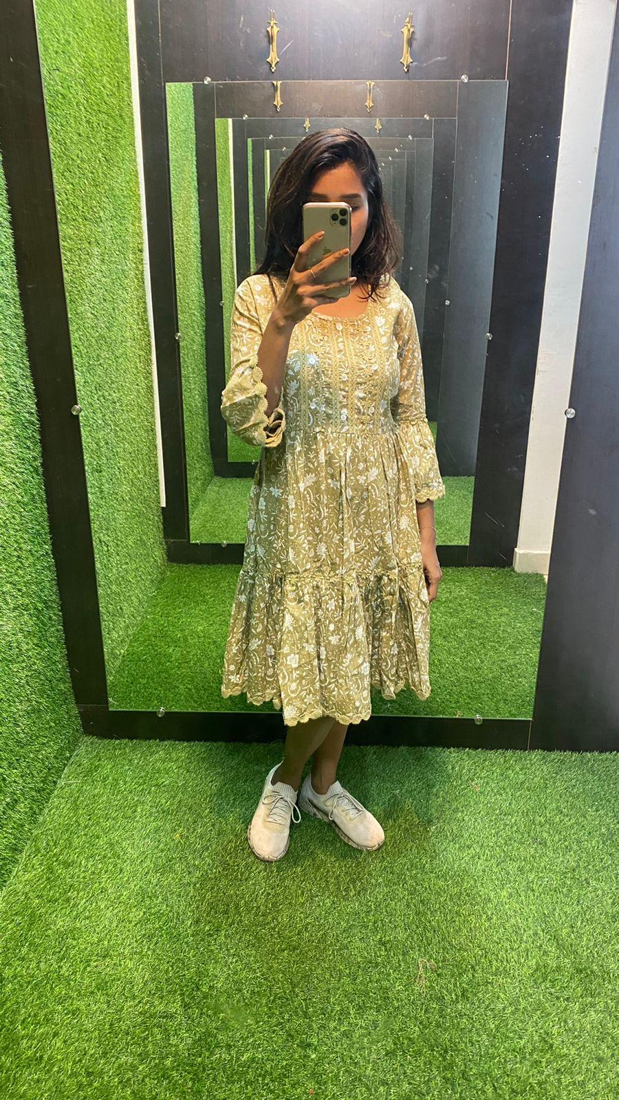 Light mehandi Cotton printed embroidery short kurti top - Threads