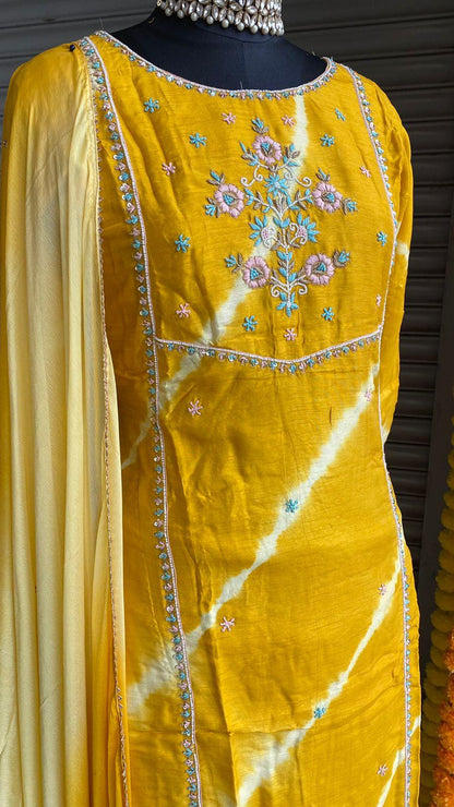 Yellow chinnon hand worked embroidery 3 piece kurti set - Threads