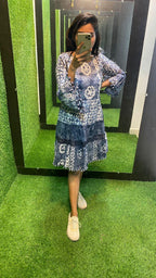 White and grey Cotton printed embroidery short kurti top - Threads