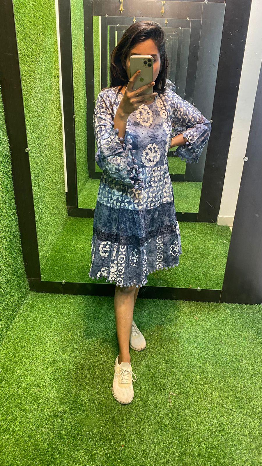White and grey Cotton printed embroidery short kurti top - Threads