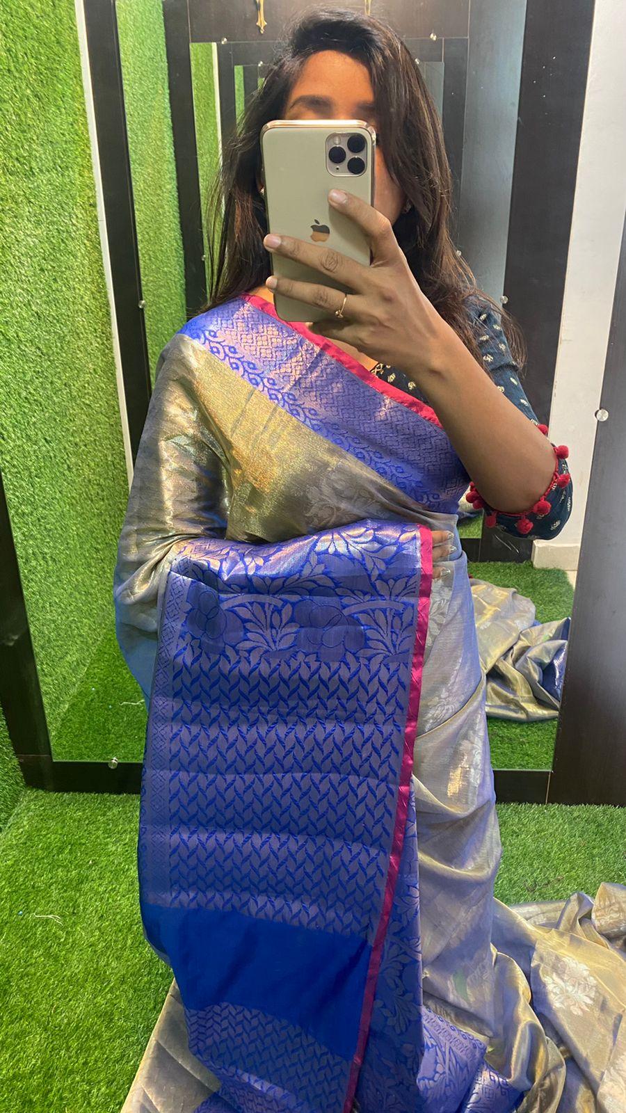 silver grey and blue silk saree with blouse - Threads