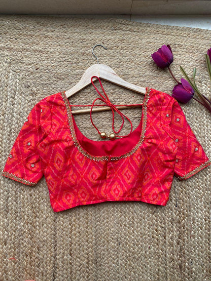 Tomato red ikkat hand worked blouse - Threads
