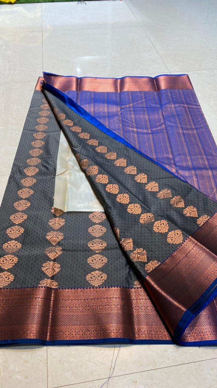 Dual shaded grey and blue silk saree with blouse - Threads