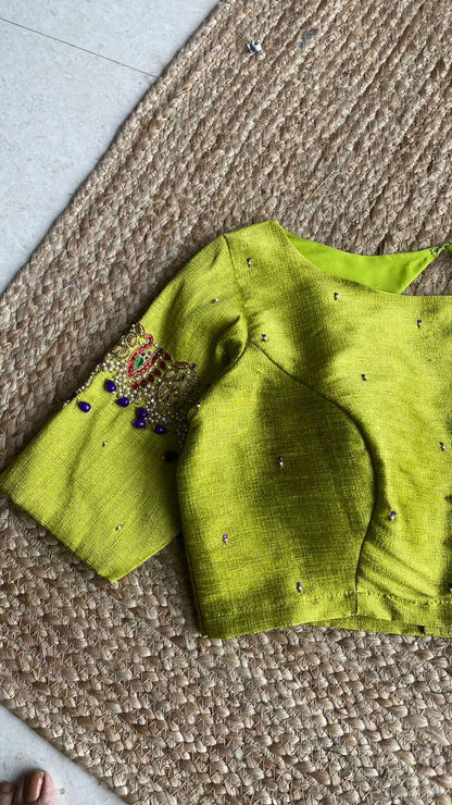 Parrot green silk embroidery hand worked blouse - Threads
