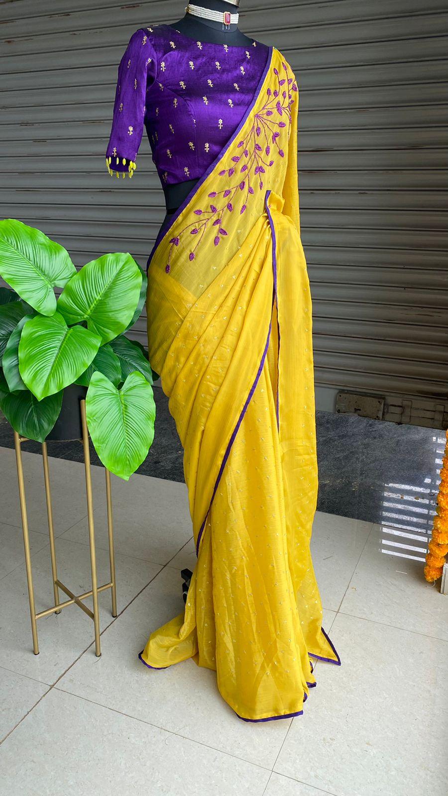 Buy Purple And Pink Sequins Georgette Saree with Heavy Golden Zari Border  Online in USA – Pure Elegance