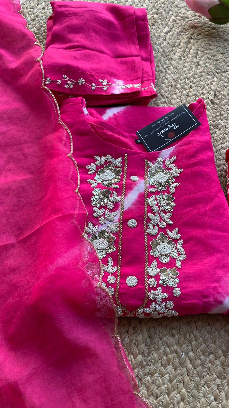 Pink tie and die muslin embroidery hand worked 3 piece kurti set - Threads