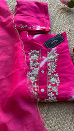 Pink tie and die muslin embroidery hand worked 3 piece kurti set - Threads