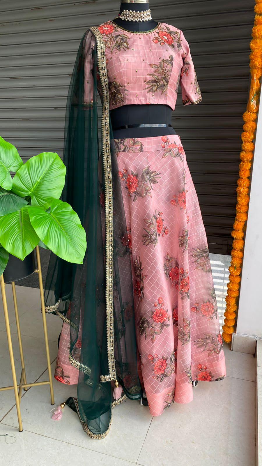 Peach Floral organza embroidery hand worked lehenga - Threads