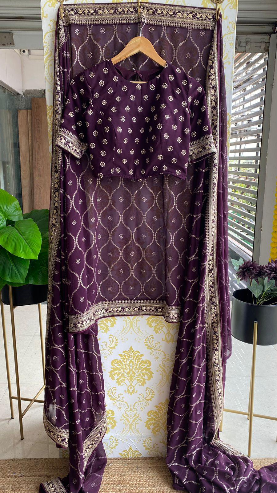 Wine georgette saree with embroidery worked Blouse - Threads