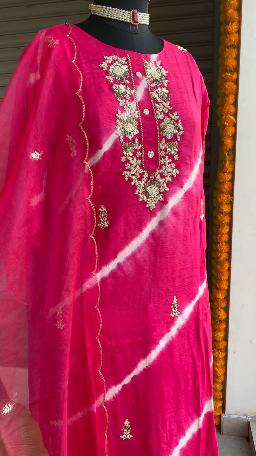 Pink tie and die muslin embroidery hand worked 3 piece kurti set - Threads