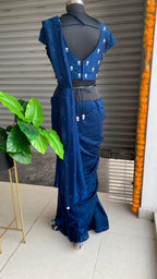 Deep blue marble silk saree with hand worked saree - Threads