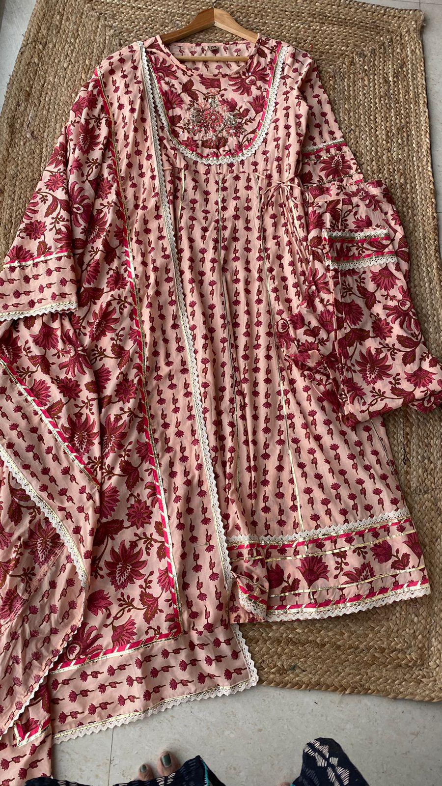 Pure cotton floral embroidery 3 piece Kurti set - Threads