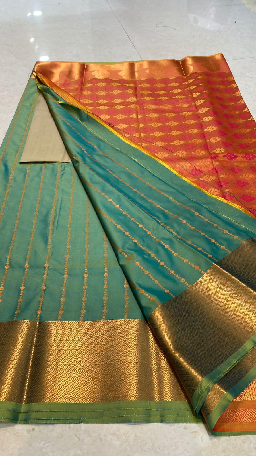 Green and orange silk saree with blouse - Threads