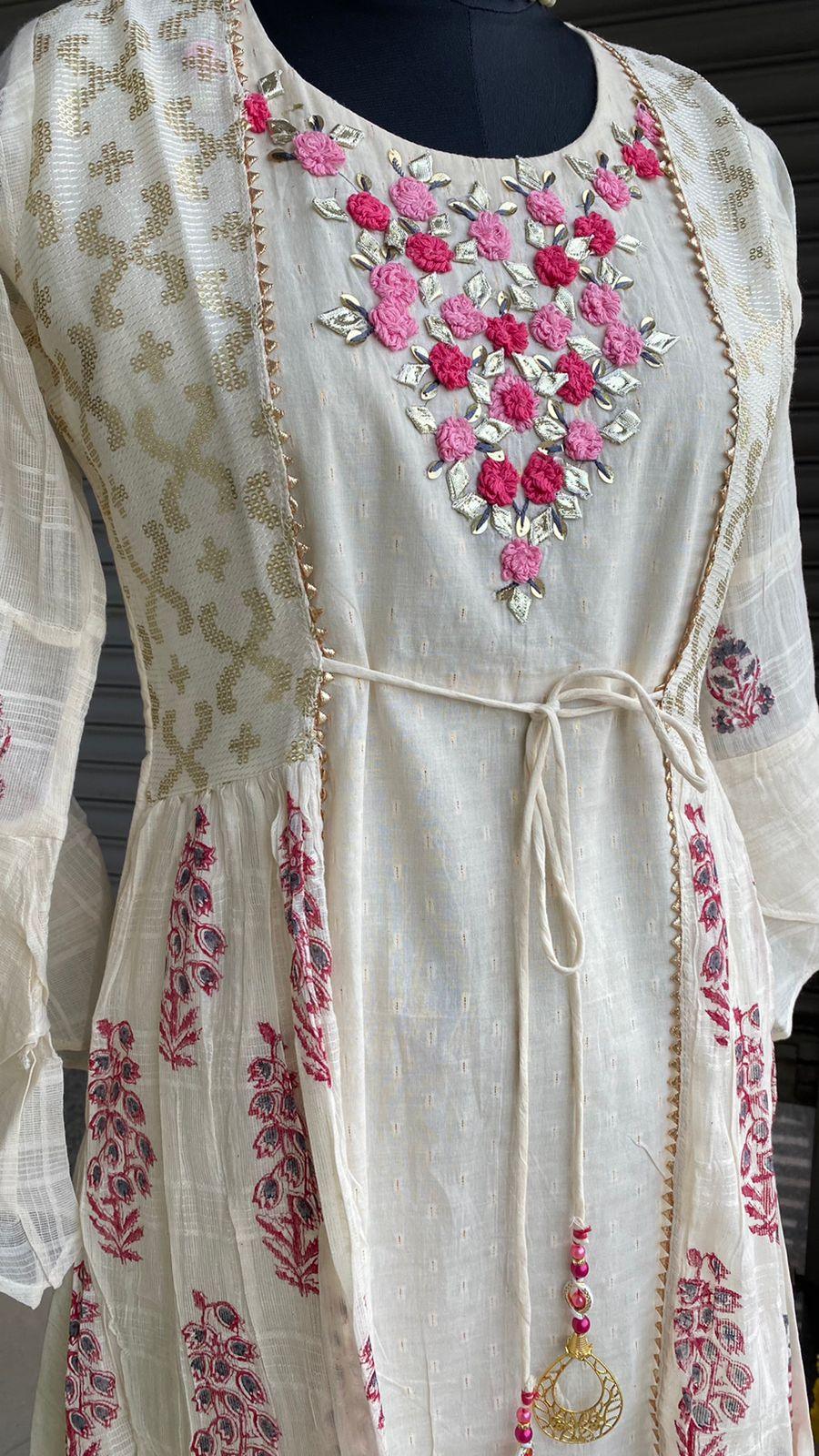 Cotton white embroidery hand worked kurti top - Threads