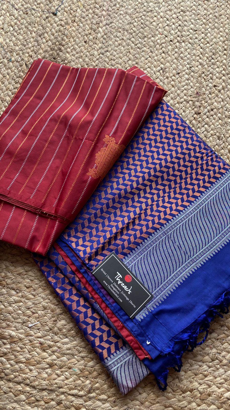 Maroon and Blue Silk saree with blouse - Threads