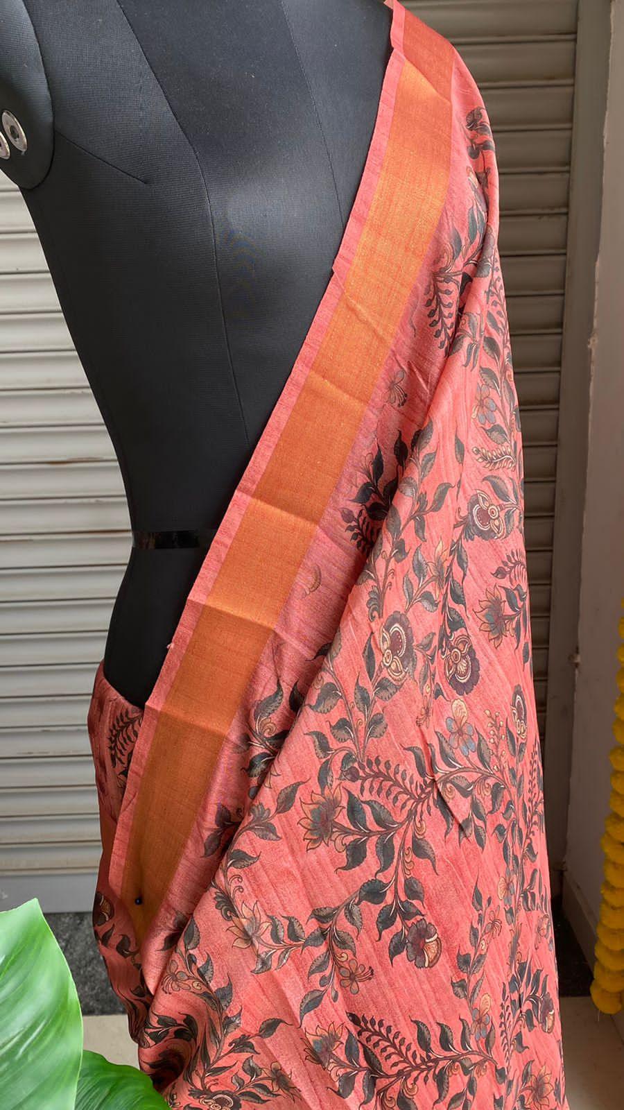 Pink khadi kalamkari silk saree with blouse - Threads