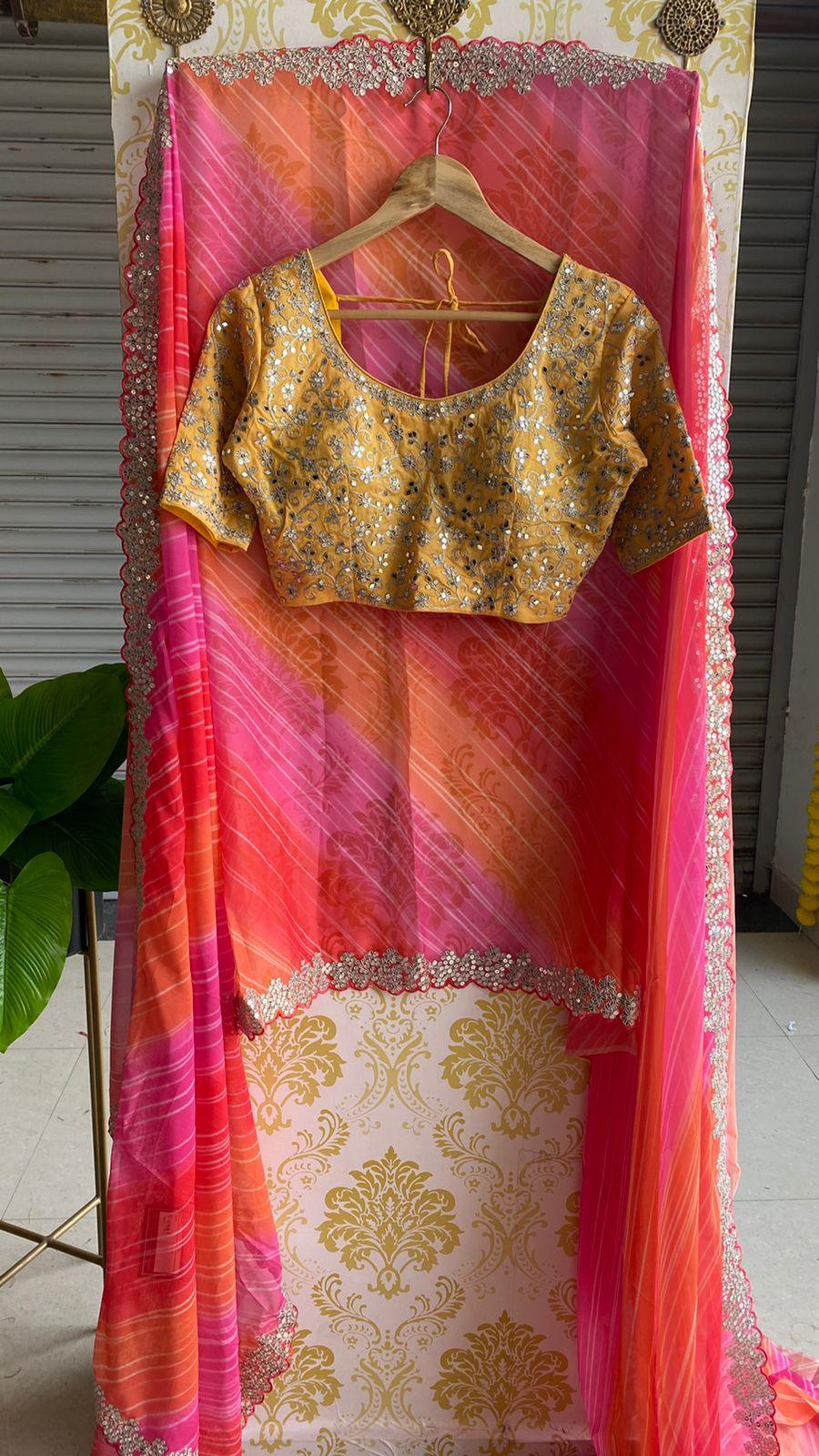 Soft pink and orange organza saree with embroidery yellow blouse - Threads