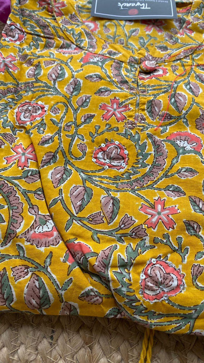 Yellow floral Cotton printed short kurti top - Threads