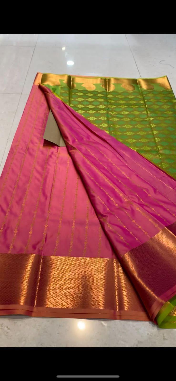 Pink and parrot green silk saree with blouse - Threads
