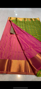 Pink and parrot green silk saree with blouse - Threads