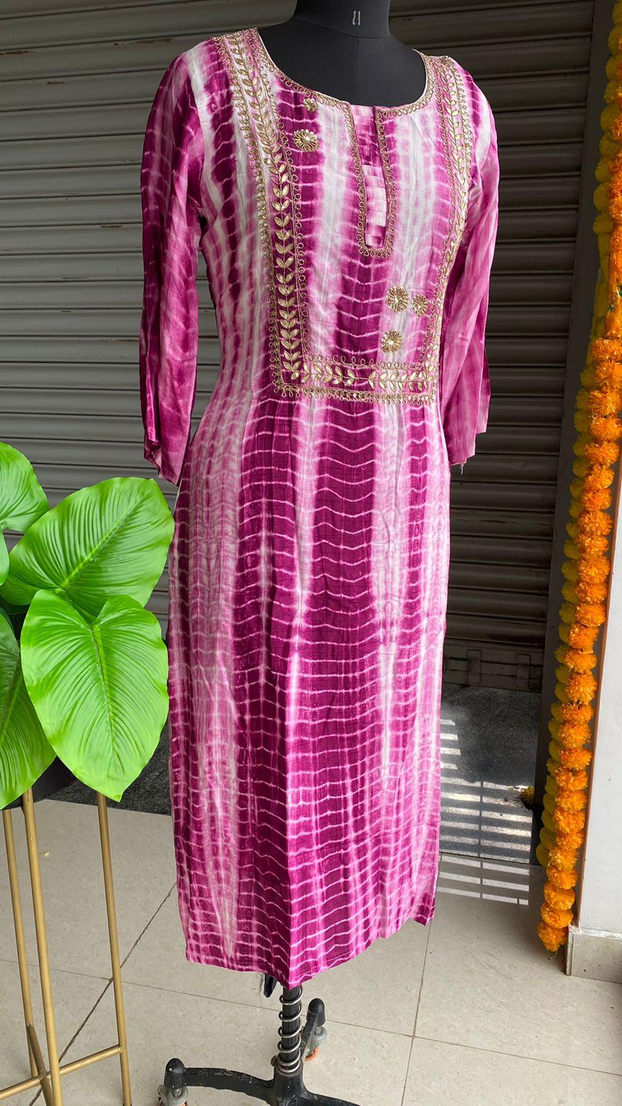 Pink and white pure shibori embroidery kurti top - Threads