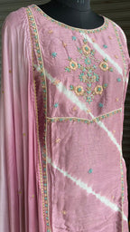 Pink chinnon hand worked embroidery 3 piece kurti set - Threads