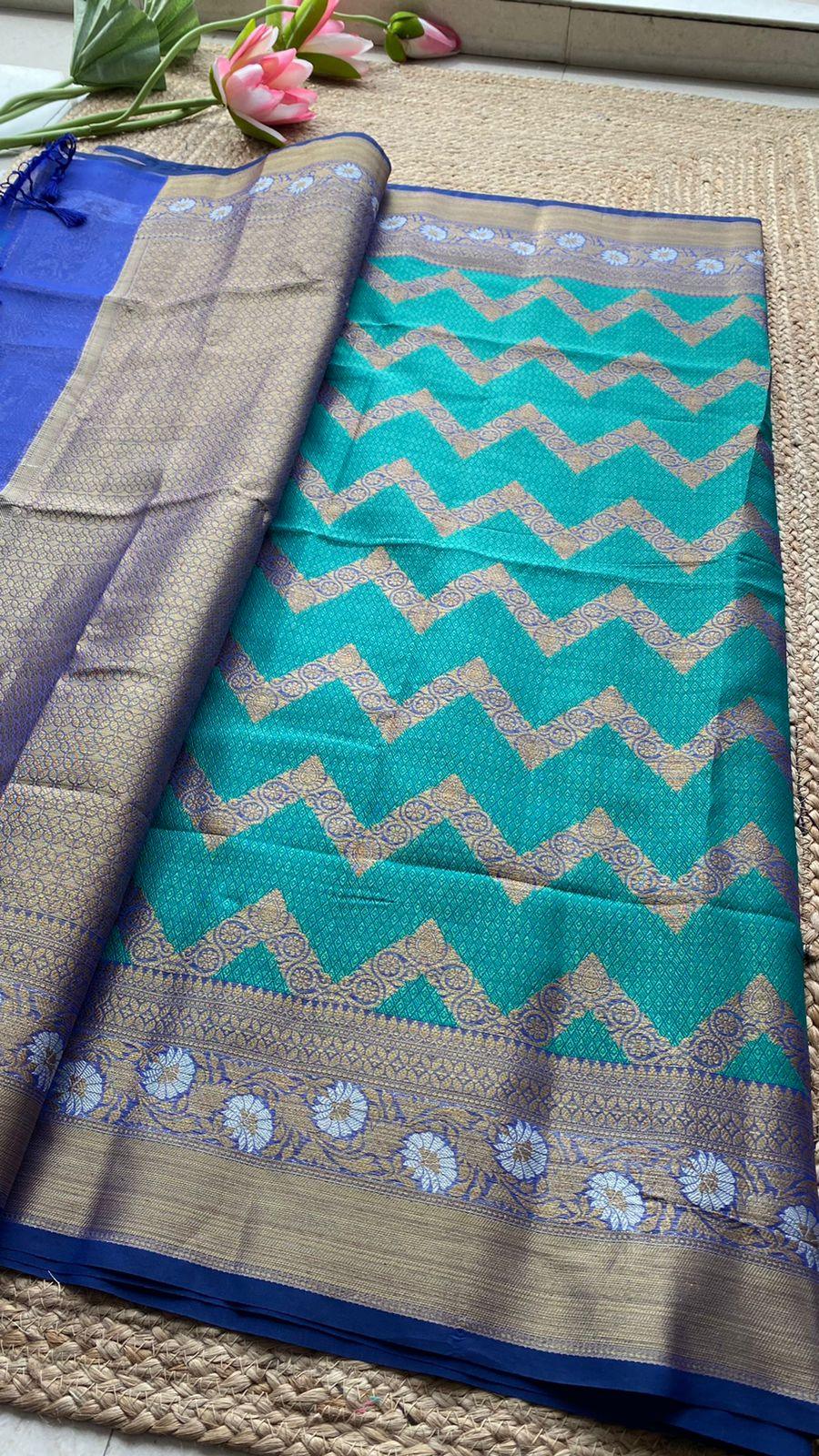 Sea blue silk chanderi saree with blouse - Threads