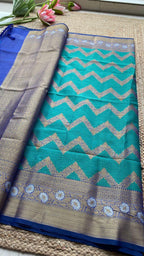 Sea blue silk chanderi saree with blouse - Threads