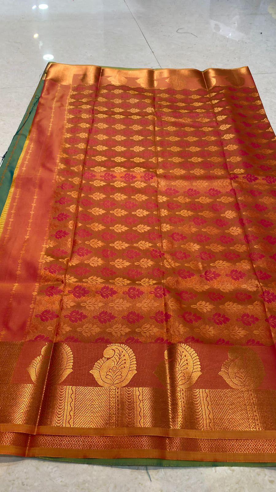 Green and orange silk saree with blouse - Threads