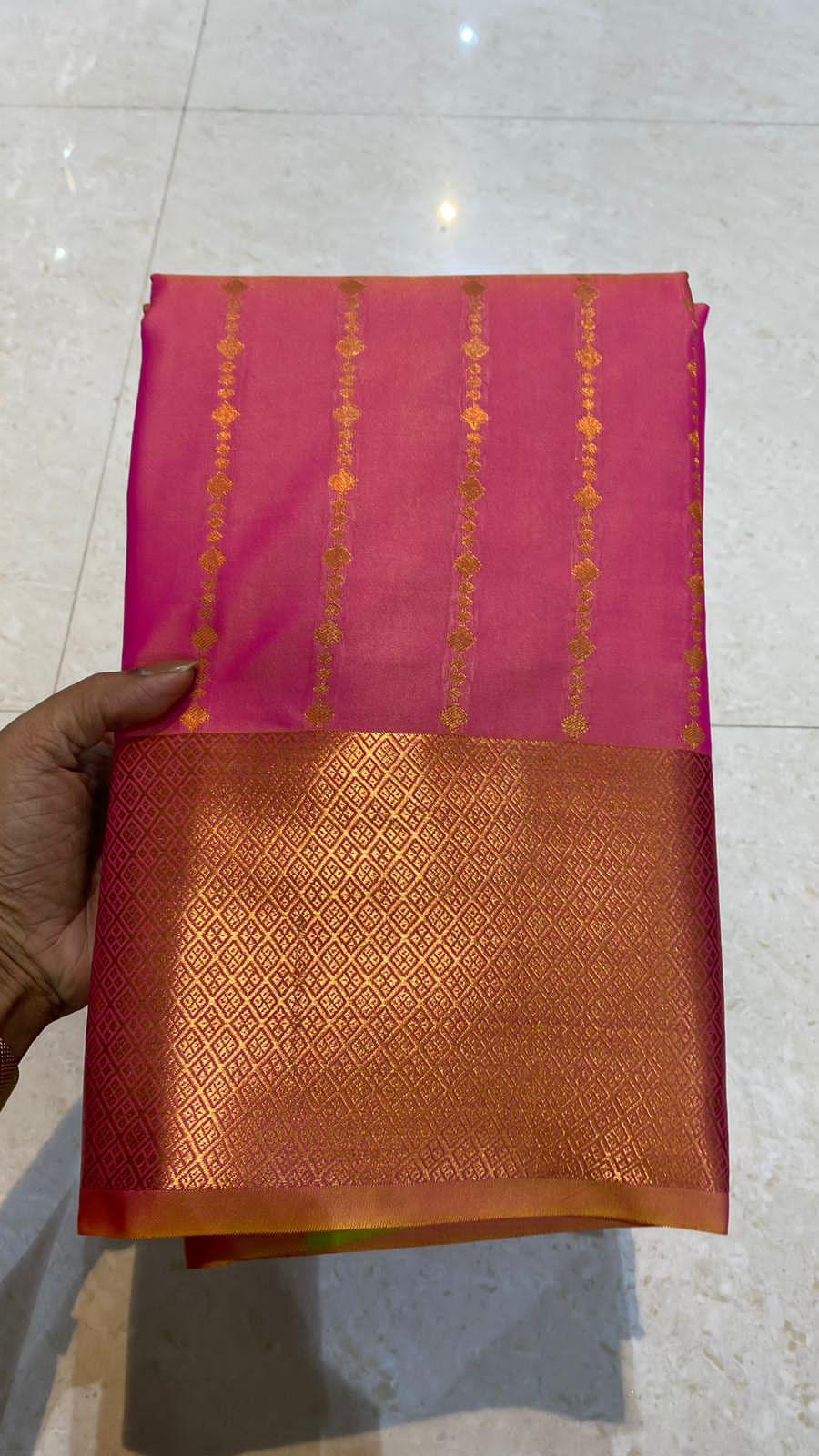 Pink and parrot green silk saree with blouse - Threads