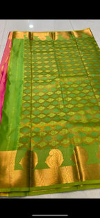 Pink and parrot green silk saree with blouse - Threads