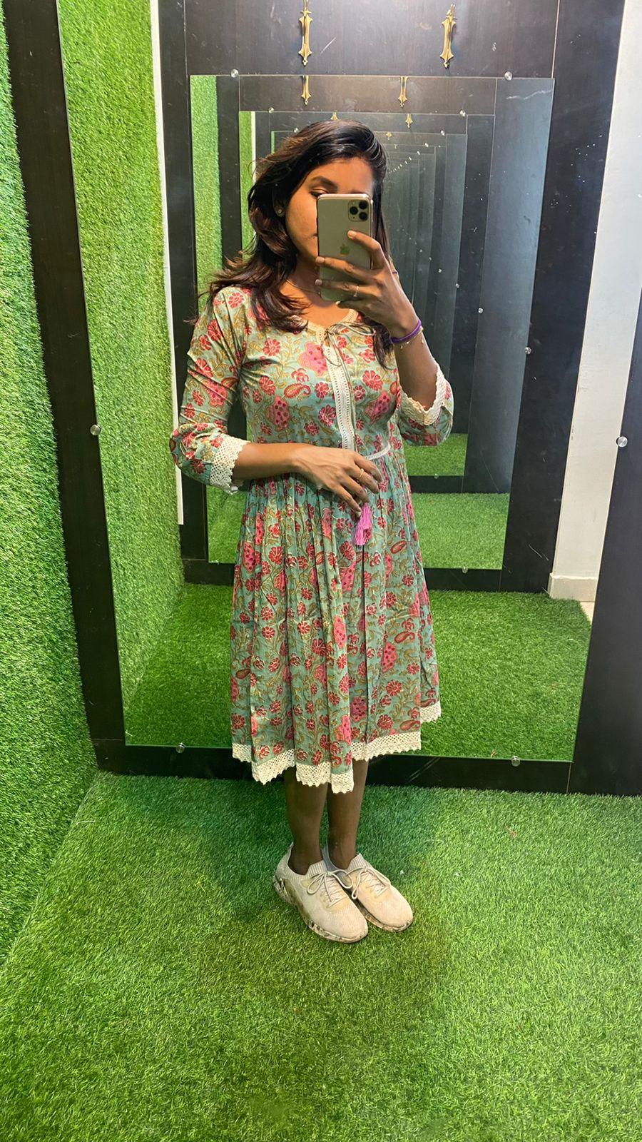 Light green and pink floral Cotton printed short kurti top - Threads