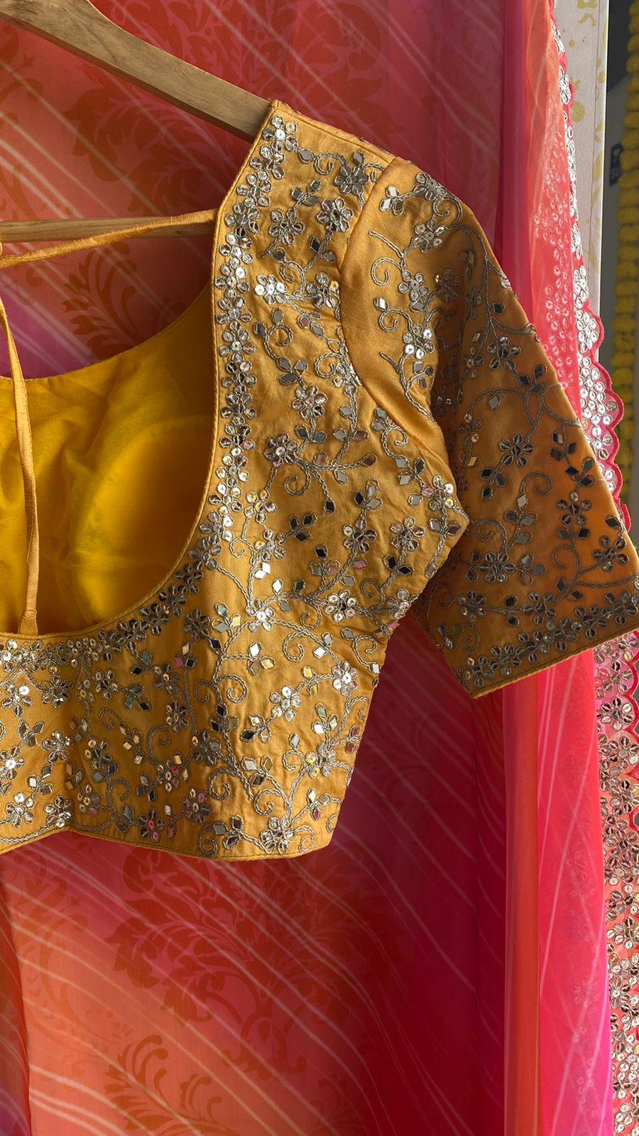 Soft pink and orange organza saree with embroidery yellow blouse - Threads