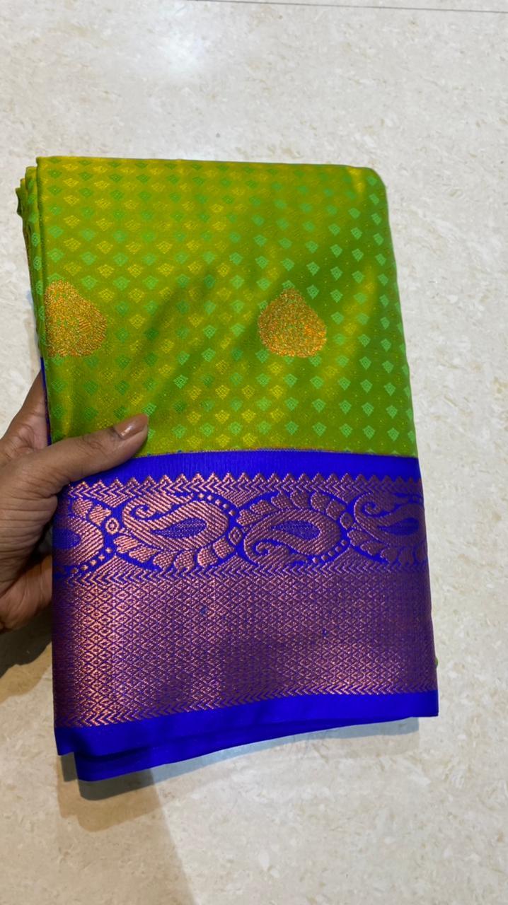 Dual shaded green and blue silk saree with blouse - Threads