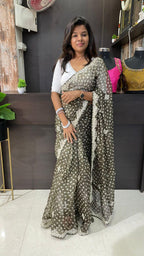 Bottle green Organza saree with heavy embroidery blouse - Threads