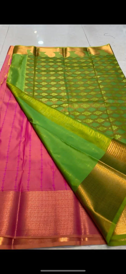 Pink and parrot green silk saree with blouse - Threads