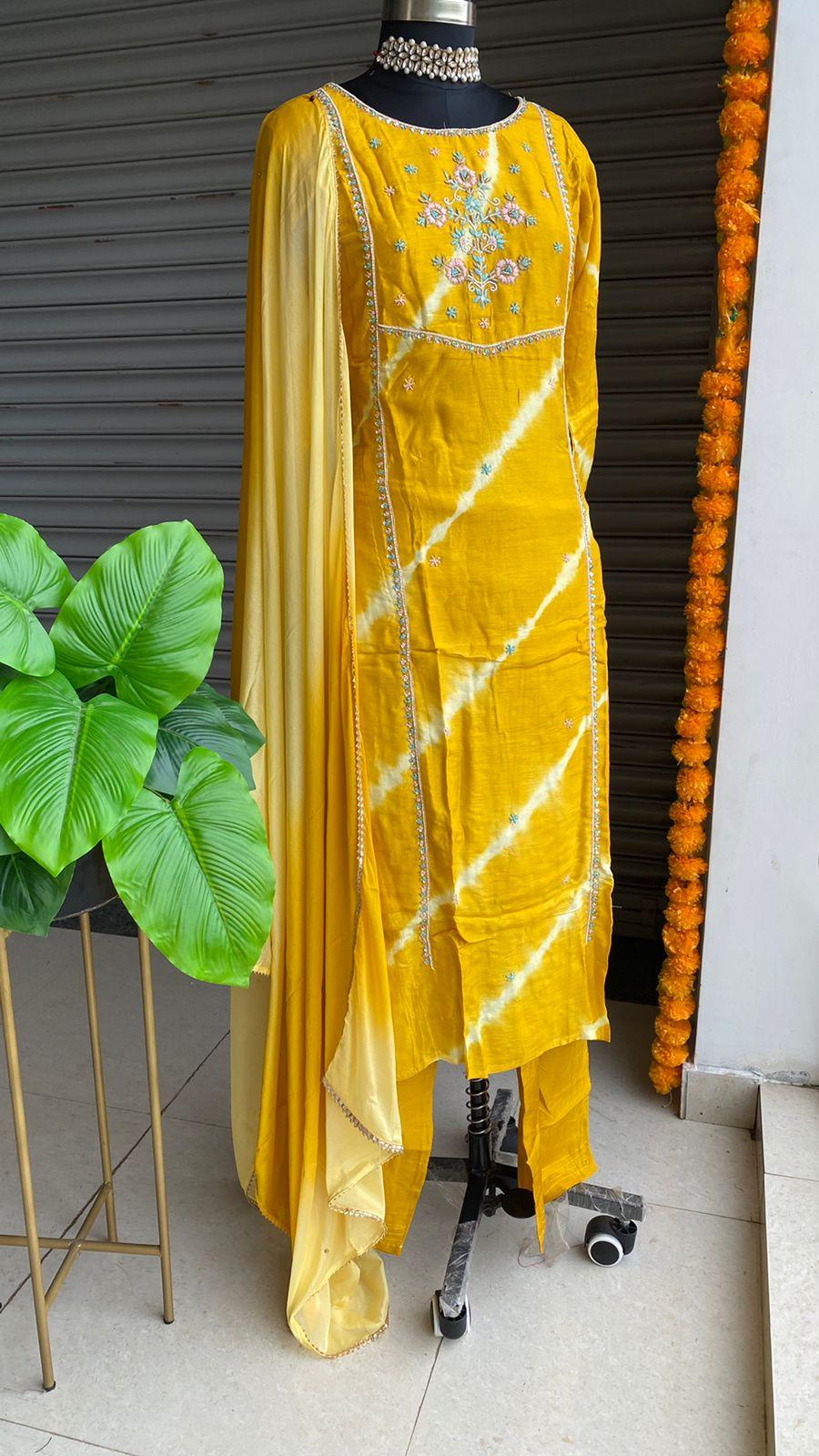 Yellow chinnon hand worked embroidery 3 piece kurti set - Threads