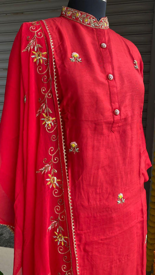 Red muslin silk embroidery hand worked 3 piece kurti set - Threads