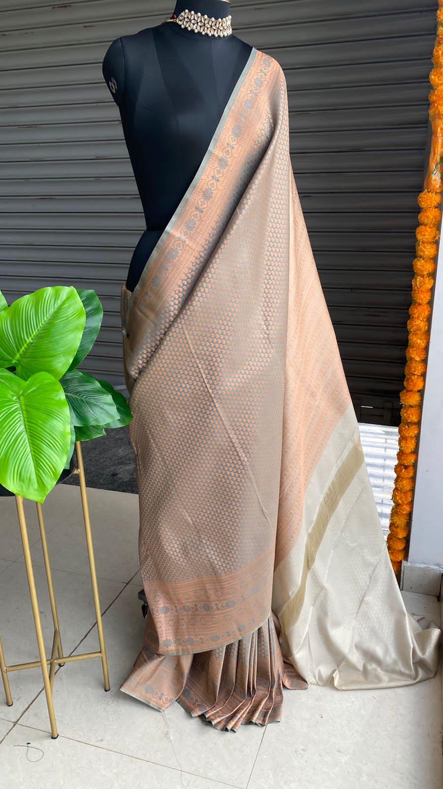 Grey and peach Silk saree with blouse - Threads